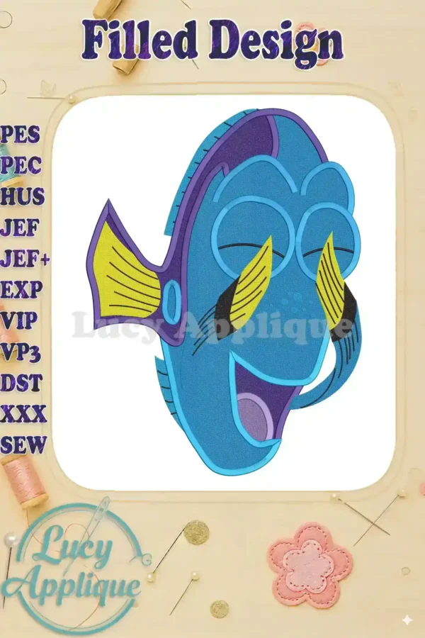 Embroidery design of Dory from Finding Nemo, a filled design with vibrant blue, yellow, and purple colors. The design showcases a joyful expression on Dory's face.