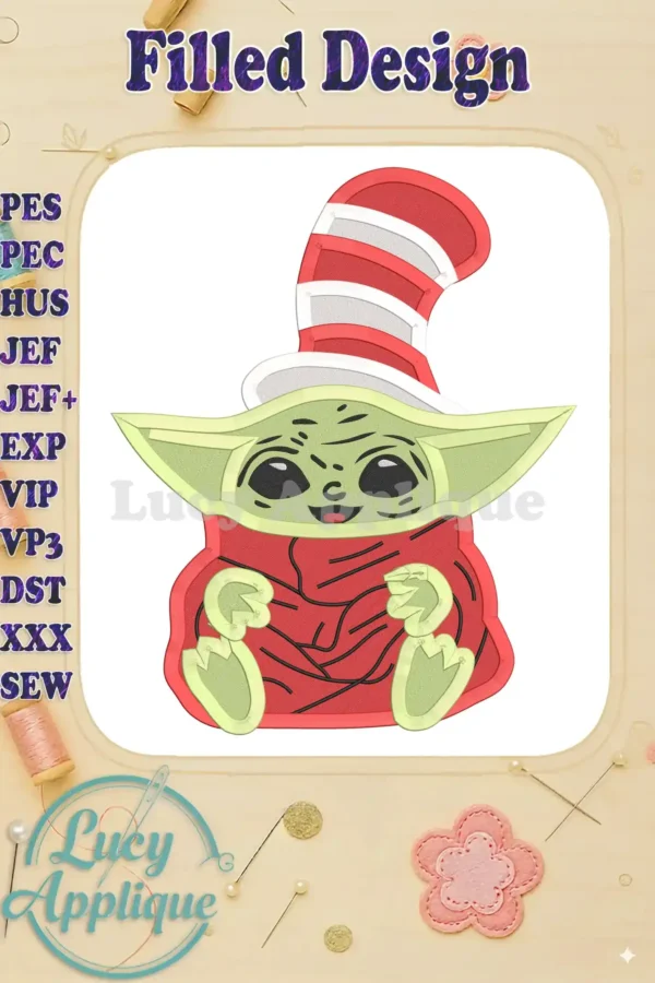 Embroidery design of Baby Yoda wearing a Cat in the Hat hat. The design is in red and green, and is suitable for various embroidery machines.