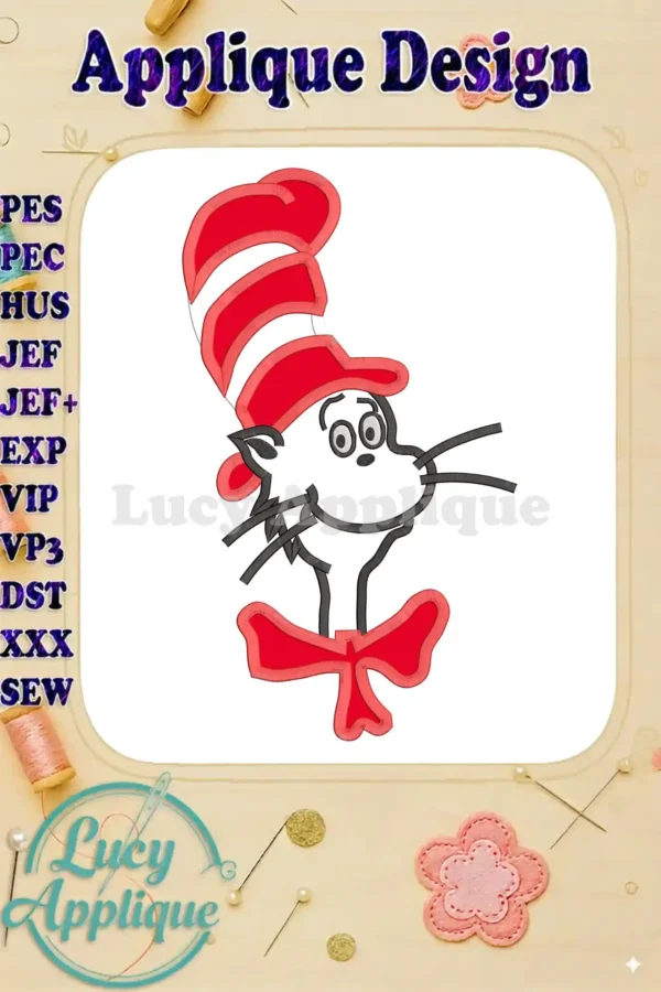 Applique design of the Cat in the Hat from the Dr. Seuss book. The design shows the cat's face with his signature hat and bow tie. Perfect for embroidery projects.