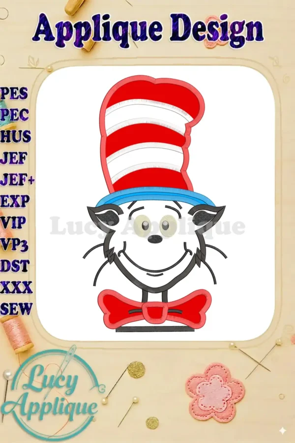 Applique embroidery design of the Cat in the Hat from Dr. Seuss. The design shows the cat's face with his iconic hat and bow tie. Perfect for adding a whimsical touch to your projects!