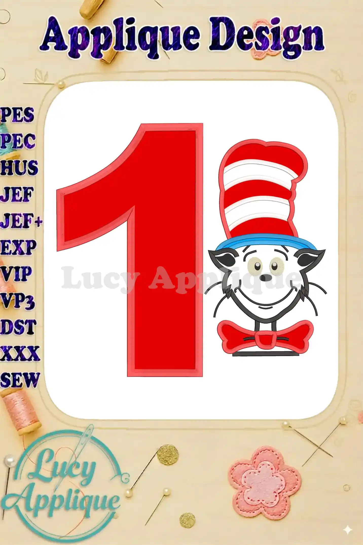 Applique design featuring the Cat in the Hat character and the number 1, perfect for a first birthday celebration. The design is shown in red and white, with a whimsical touch.
