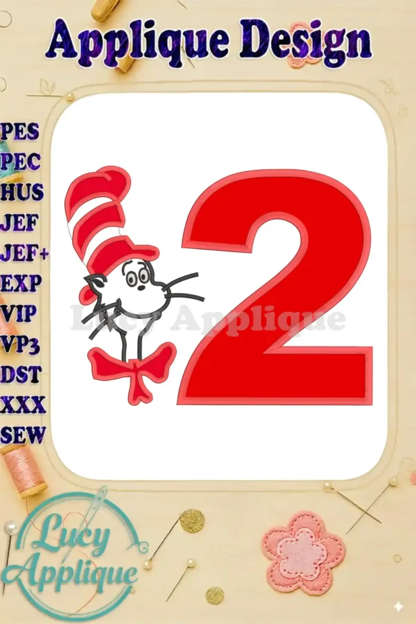 Applique design featuring the Cat in the Hat and the number 2, perfect for a 2nd birthday. The design is shown in red and white, with a cute bow on the cat.