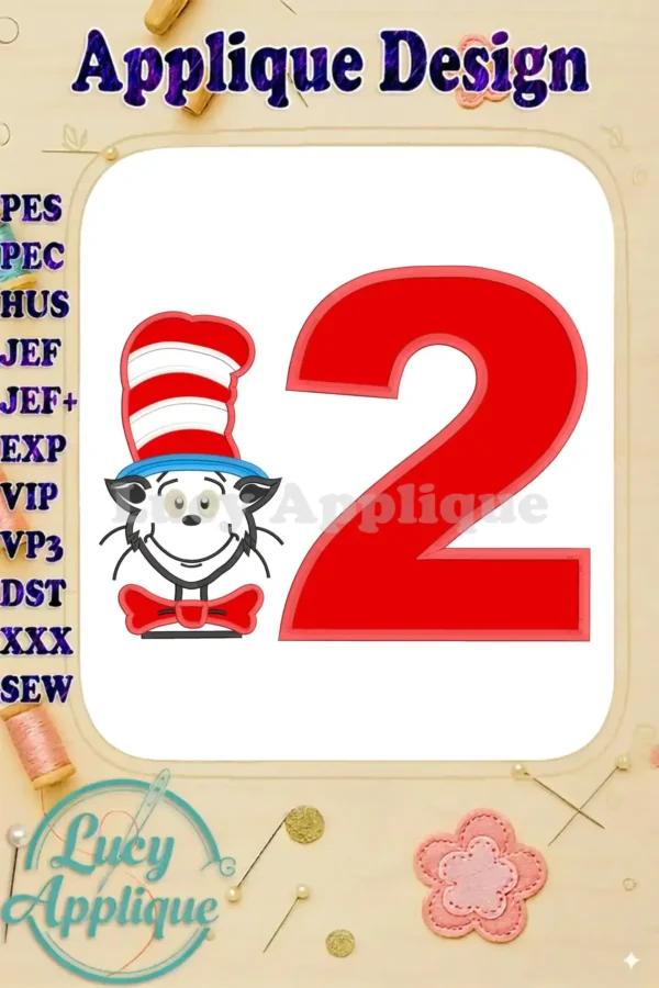 Applique design featuring the Cat in the Hat from Dr. Seuss and the number 2. Perfect for birthdays, this design is available in multiple formats for various embroidery machines.