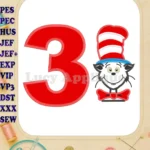 Dr Seuss Cat in The Hat Birthday Number 3 Applique Design - Instant Download