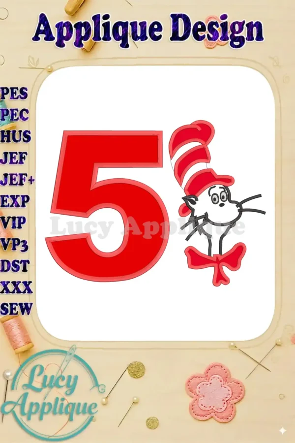 Applique design featuring the Cat in the Hat and the number 5, perfect for a 5th birthday. The design is in red and white, suitable for embroidery.