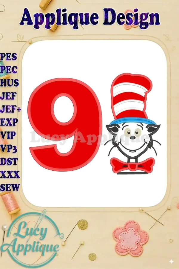 Embroidery design featuring the Cat in the Hat wearing his signature hat, next to the number 9. Perfect for a birthday applique project. Includes various file formats.