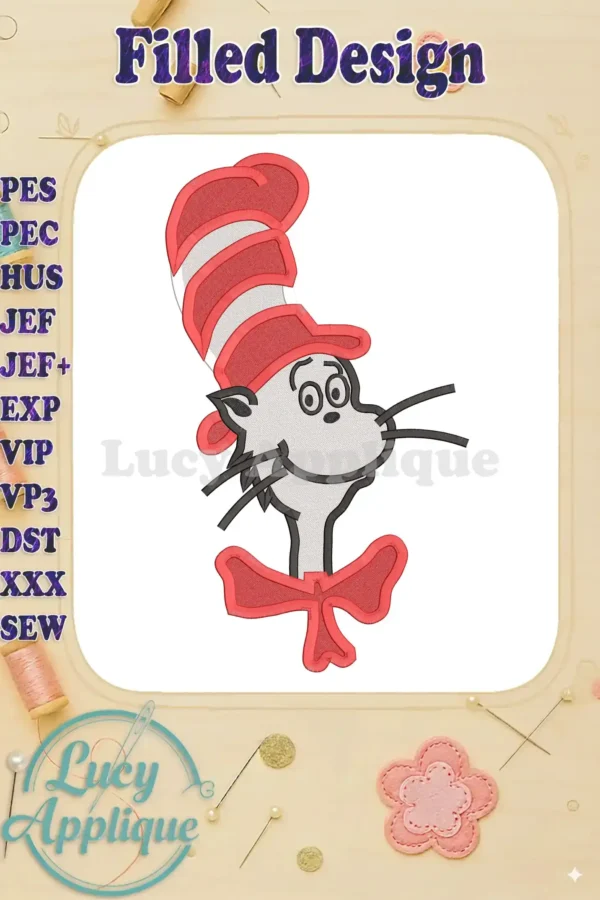 Embroidery design of the Cat in the Hat, showcasing filled stitches. The design is cheerful and features the iconic red and white hat.