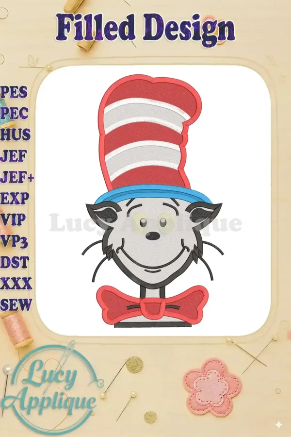 Embroidery design of the Cat in the Hat, showcasing his signature red and white striped hat, mischievous grin, and bow tie. A filled design, perfect for adding a whimsical touch to any project.