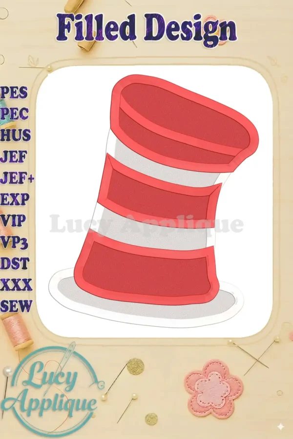 Embroidery design of the Cat in the Hat's hat, a filled design with red and white stripes. Perfect for applique projects.
