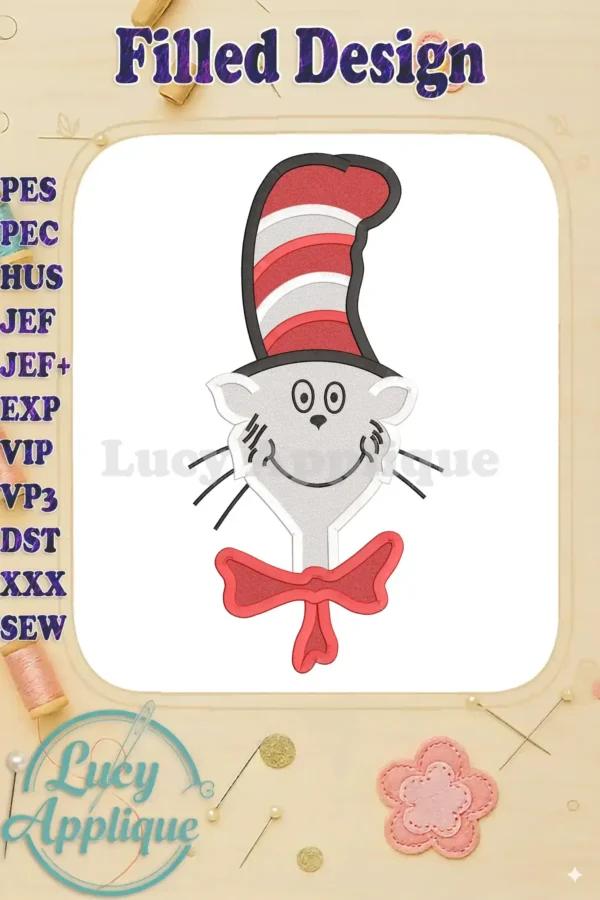 Embroidery design of the Cat in the Hat from the book by Dr. Seuss. It's a filled design with a red bow tie and features his signature hat.