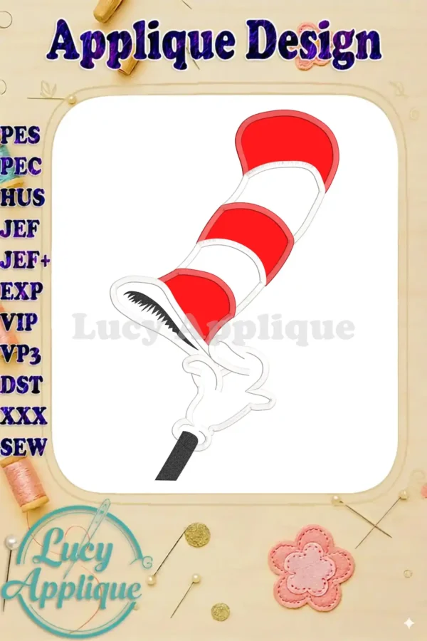 Applique design of the Cat in the Hat's iconic hat and hand, ready to be stitched. Includes various file formats for different embroidery machines.