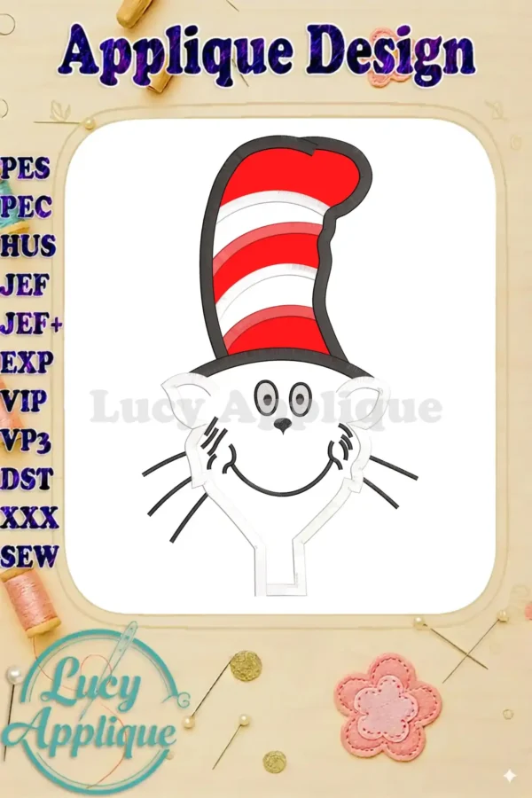 Applique design of the Cat in the Hat, smiling, without his tie. The design is ready to be stitched using various embroidery machine formats.