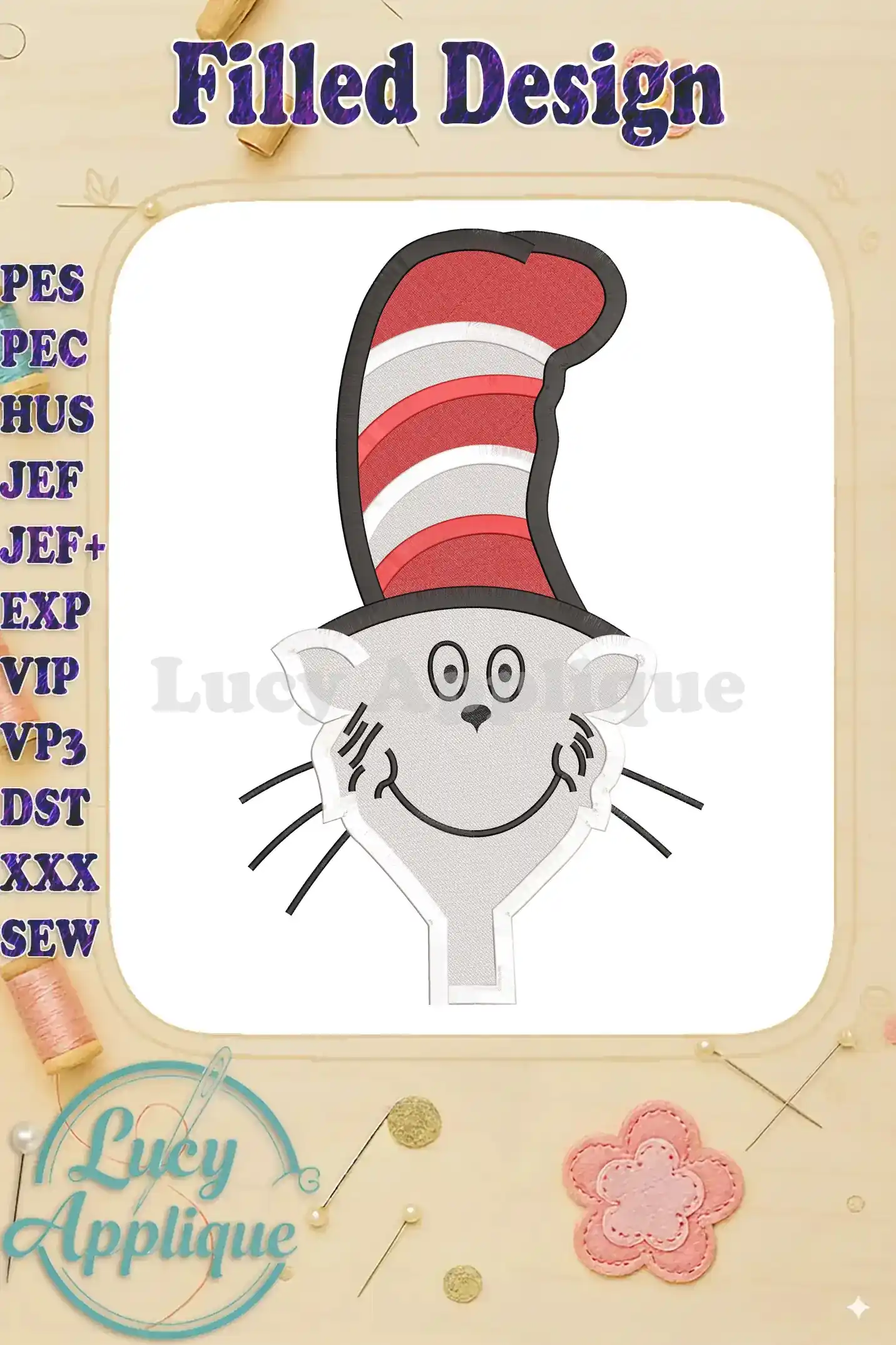 Embroidery design of the Cat in the Hat, smiling, wearing his iconic red and white striped hat. Filled stitch design, ready to stitch!