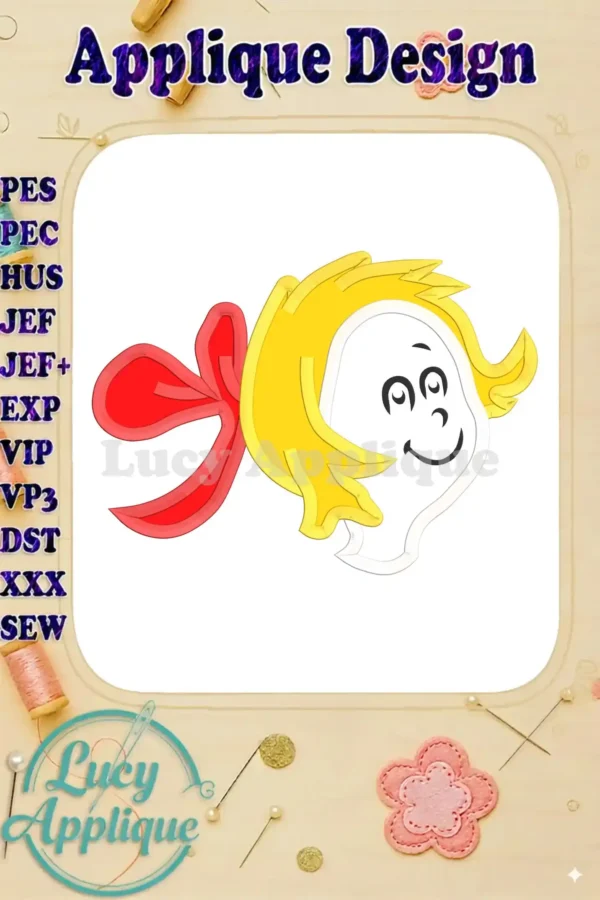 A charming applique design of Cindy Lou Who from Dr. Seuss' How the Grinch Stole Christmas. The design is ready to be stitched and features a sweet, smiling expression.