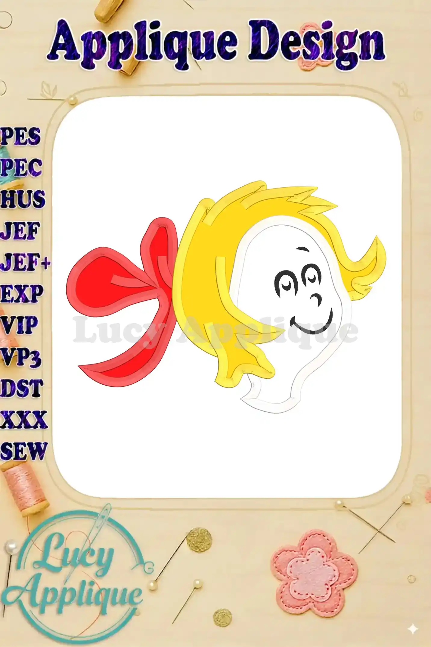 A charming applique design of Cindy Lou Who from Dr. Seuss' How the Grinch Stole Christmas. The design is ready to be stitched and features a sweet, smiling expression.