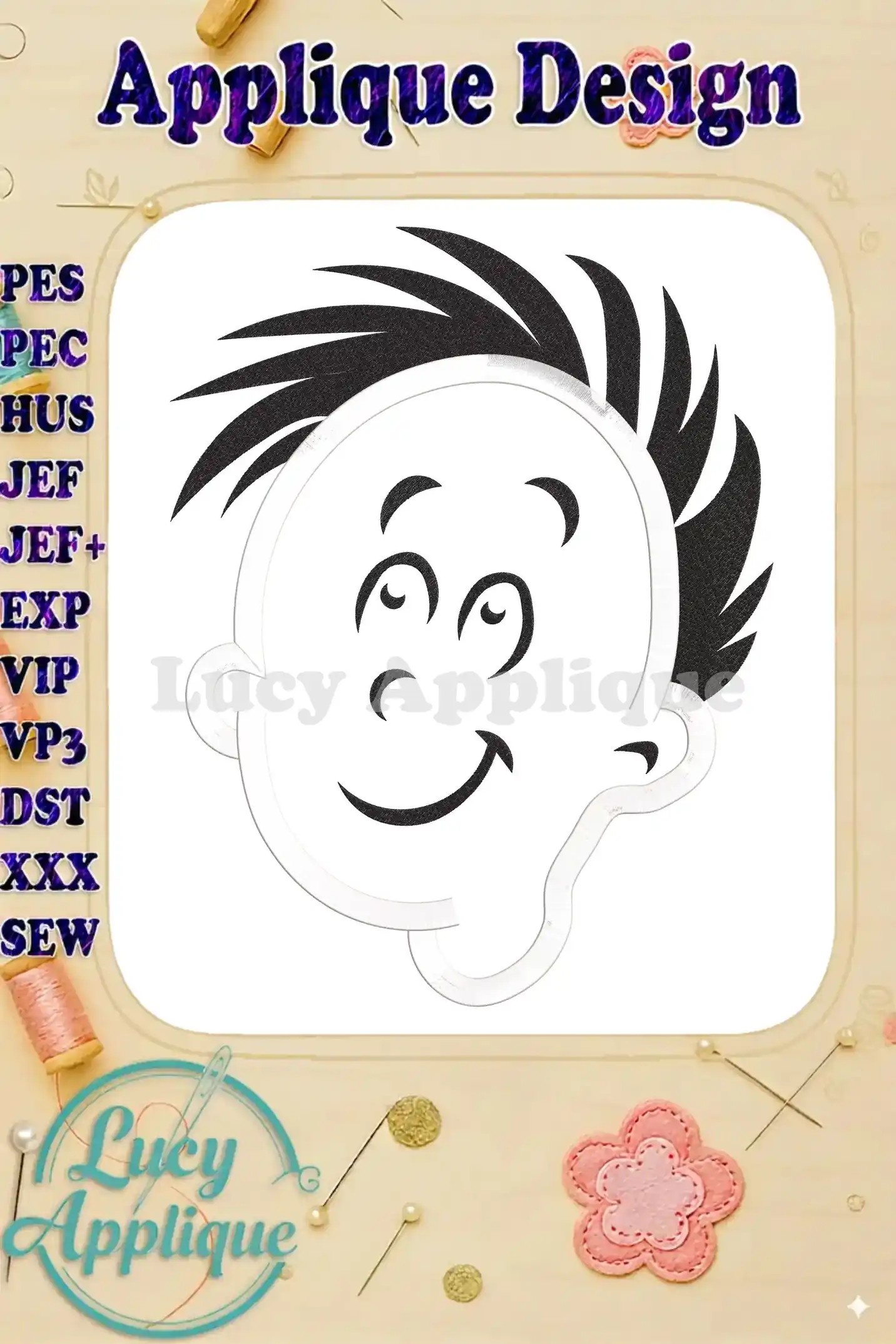 Embroidery design of Conrad Walden's head from Dr. Seuss, featuring black hair, simple features, and a cheerful expression. Perfect for applique projects.