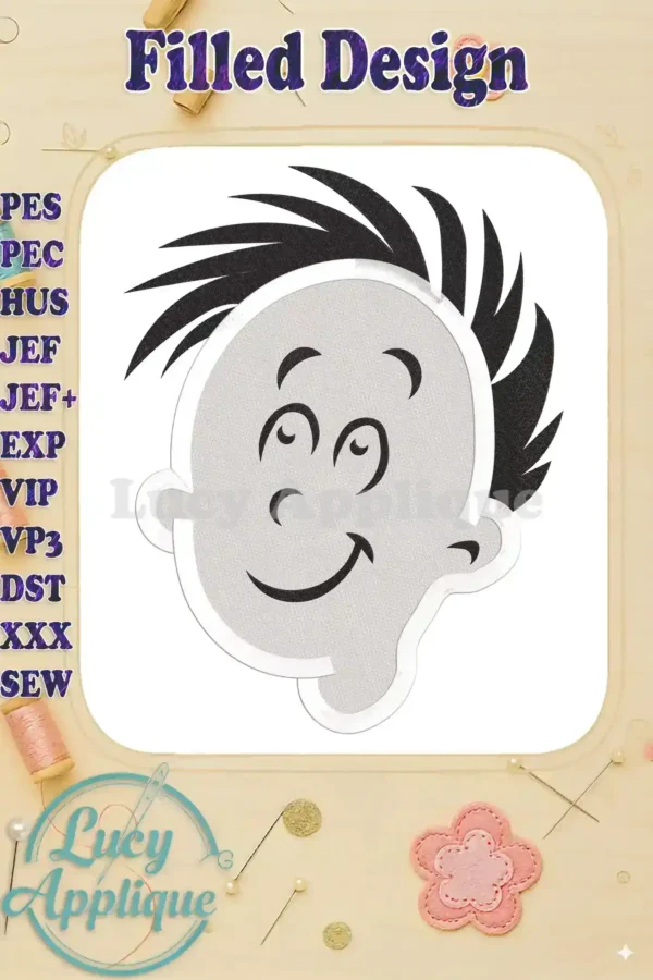 Embroidery design of Conrad Walden, a character from Dr. Seuss, showcasing a filled stitch style. The design is presented on a white background with various file format options listed.