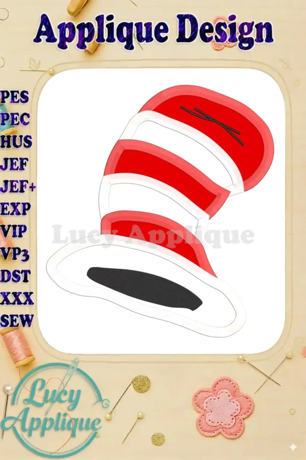 Applique design of the Cat in the Hat's hat. The design is shown in red and white stripes with black details, ready to be embroidered.