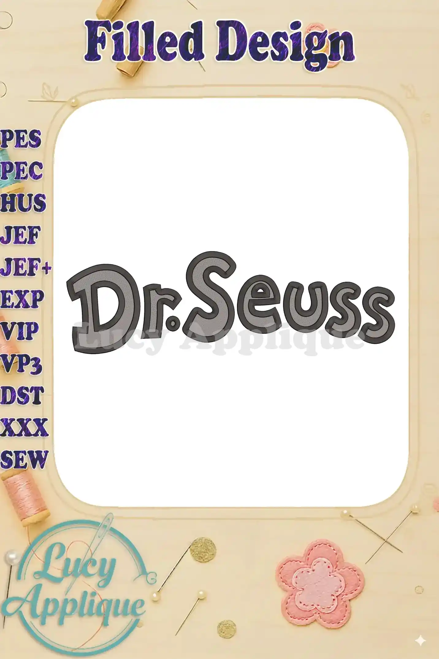 Embroidery design featuring the filled Dr. Seuss logo. Perfect for adding a whimsical touch to your sewing projects. Easy to download and stitch.
