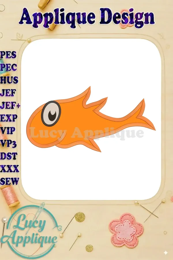Applique design of an orange fish, inspired by Dr. Seuss's whimsical style. The design is presented on a white background with various embroidery file formats listed.