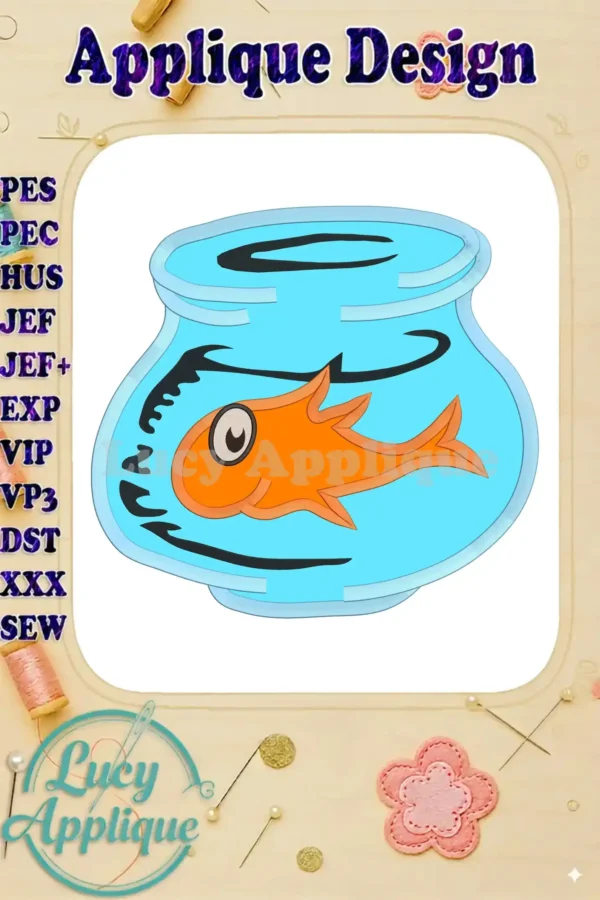 Embroidery design of an orange fish in a fishbowl, inspired by Dr. Seuss. The design is an applique, suitable for sewing projects. Includes various file formats.