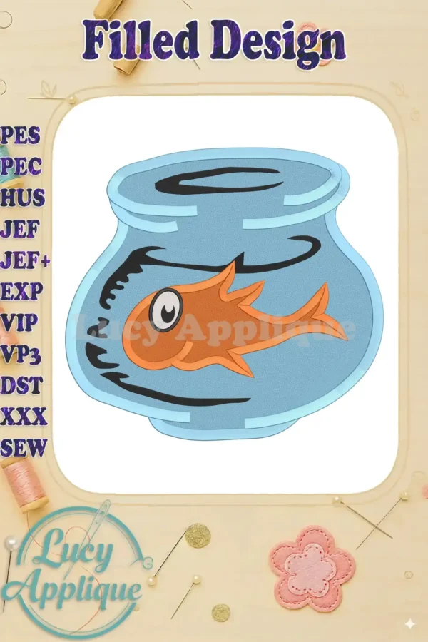 Embroidery design of an orange fish in a blue bowl, inspired by Dr. Seuss. The design is filled and ready to stitch, perfect for adding a whimsical touch to your projects.