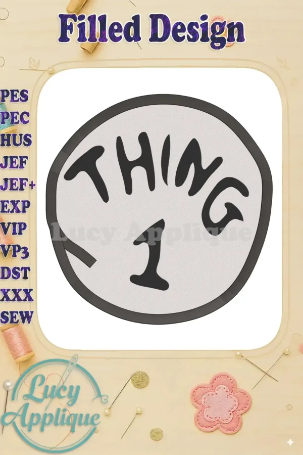 Embroidery design of Thing 1 from Dr. Seuss's The Cat in the Hat, displayed on a light brown wooden background with stitching tools.