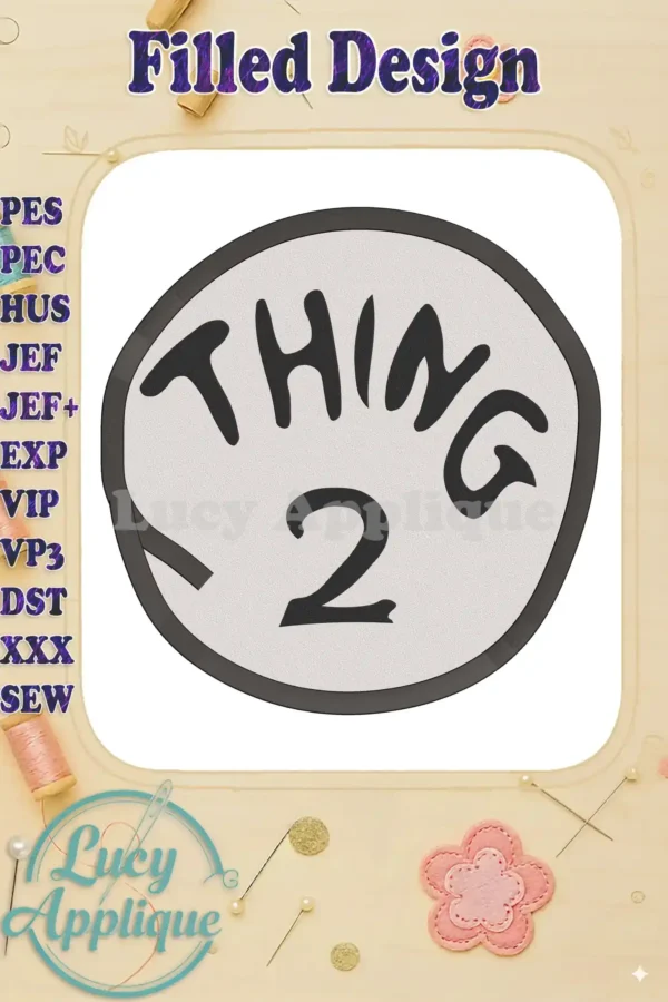 Embroidery design of Thing 2 from Dr. Seuss, in a filled stitch style, shown on a light background with decorative elements.