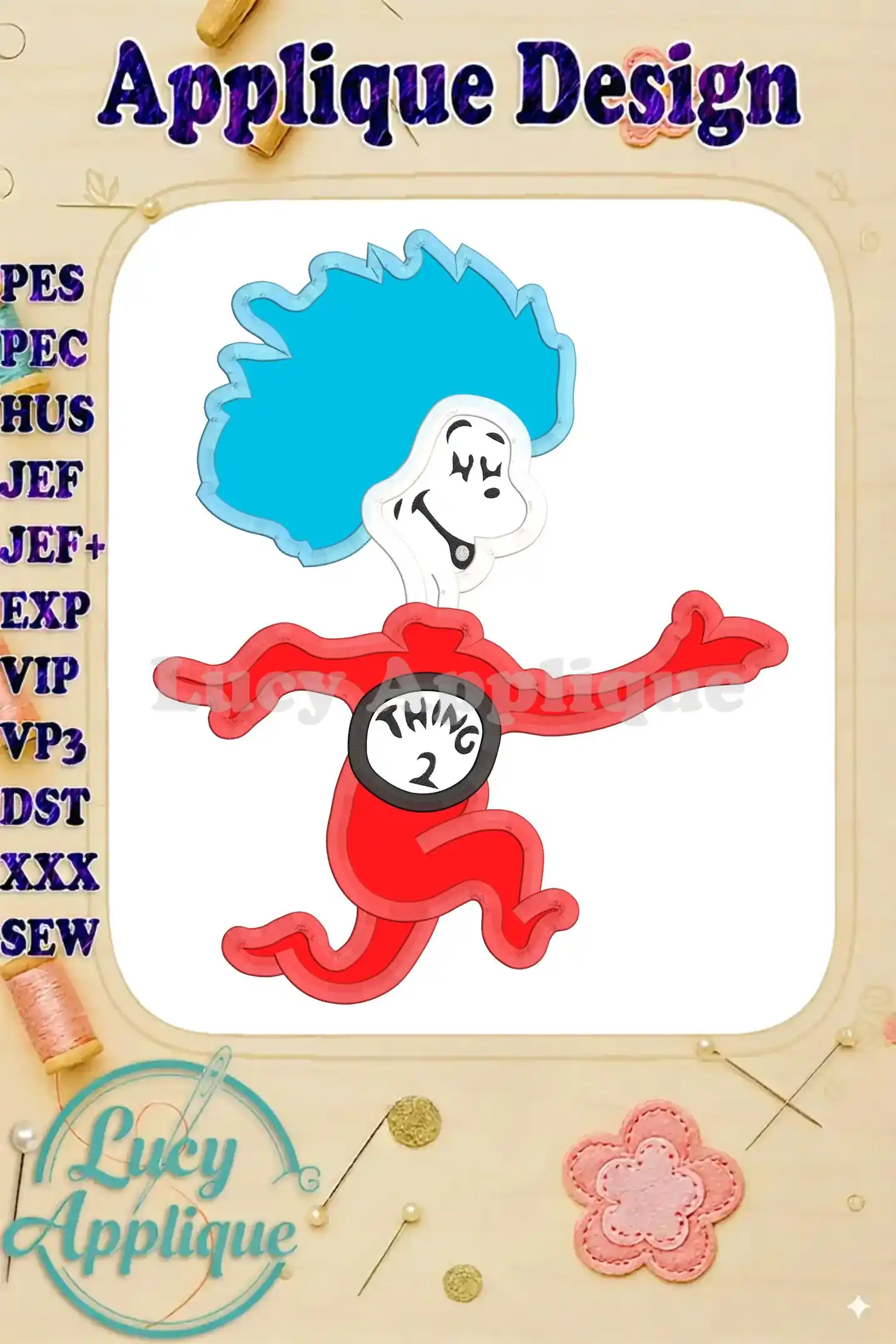 Applique design of Thing Two from The Cat in the Hat, ready to be stitched. The design is shown in multiple formats.