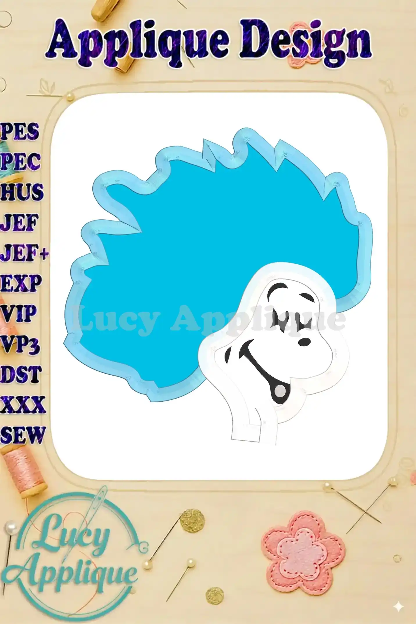 Embroidery design of Thing Two's head from Dr. Seuss's Cat in the Hat. The design is shown as an applique, ready to be stitched. Includes various file formats for different embroidery machines.