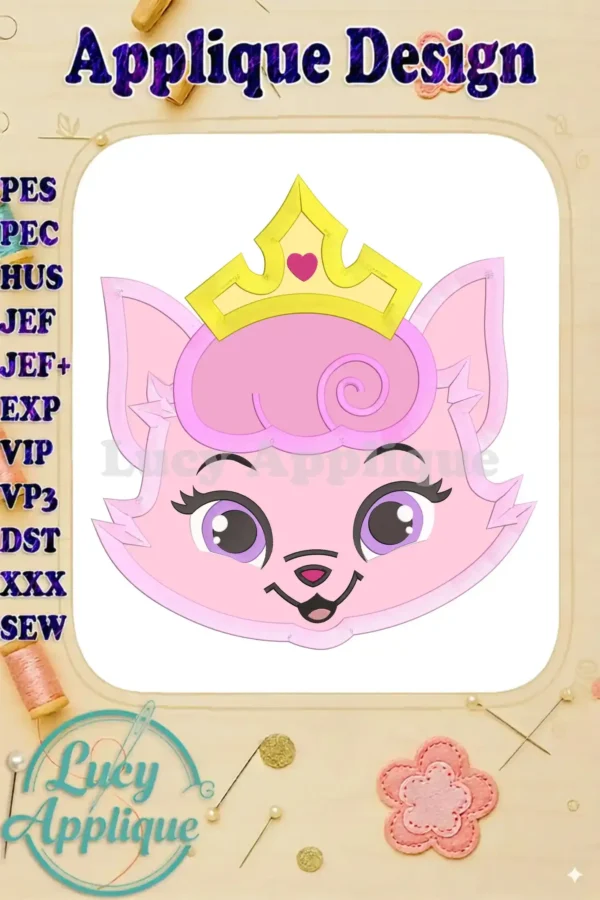 Applique embroidery design of a cute princess cat wearing a golden crown. The design is in pink and purple shades, suitable for children's projects.