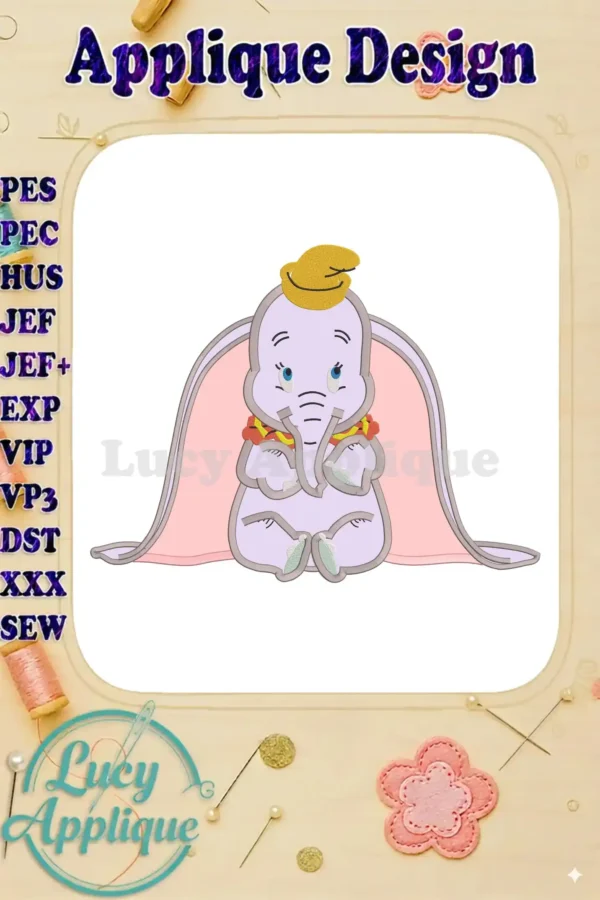 Dumbo applique design in various formats, ready to be stitched. The design shows Dumbo sitting with a pink blanket and yellow hat.