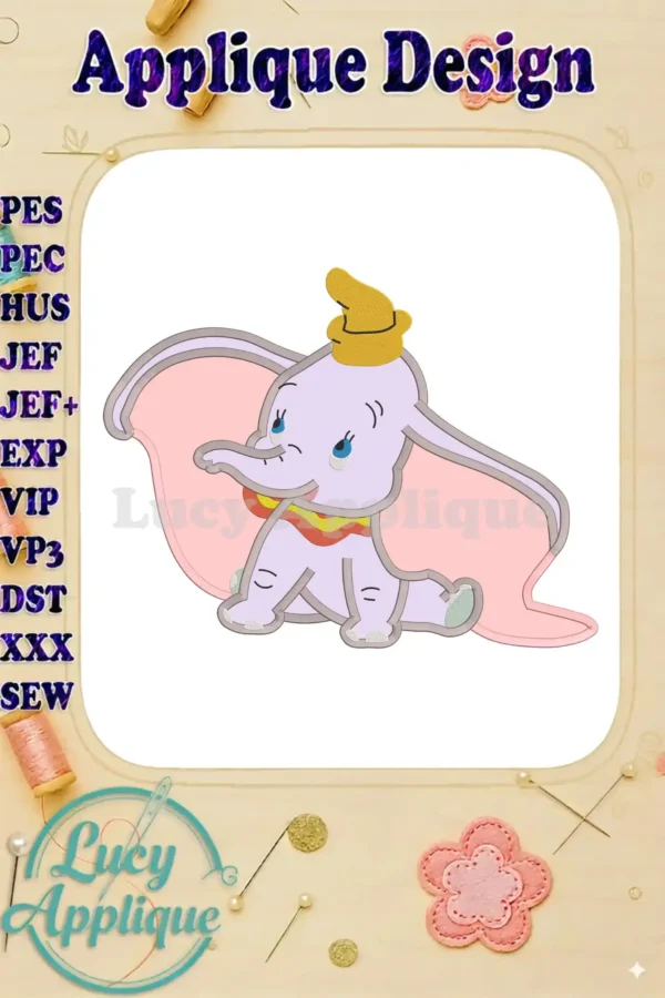 Embroidery design of Dumbo, the cute baby elephant from Disney's classic film. The design is shown in an applique style, ready to be stitched.
