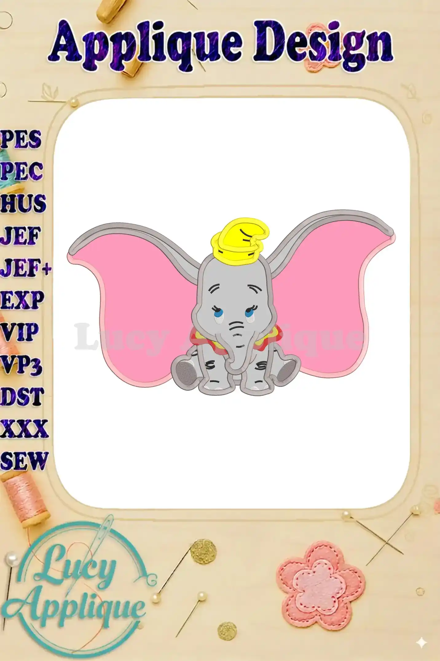 Embroidery design of Dumbo, the cute Disney elephant, in applique style. The design shows Dumbo sitting with his large ears, wearing a hat. Various file formats are listed.