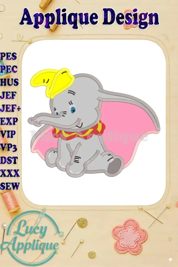Dumbo applique embroidery design, sitting, wearing a yellow hat and pink cape. Includes various machine embroidery file formats.