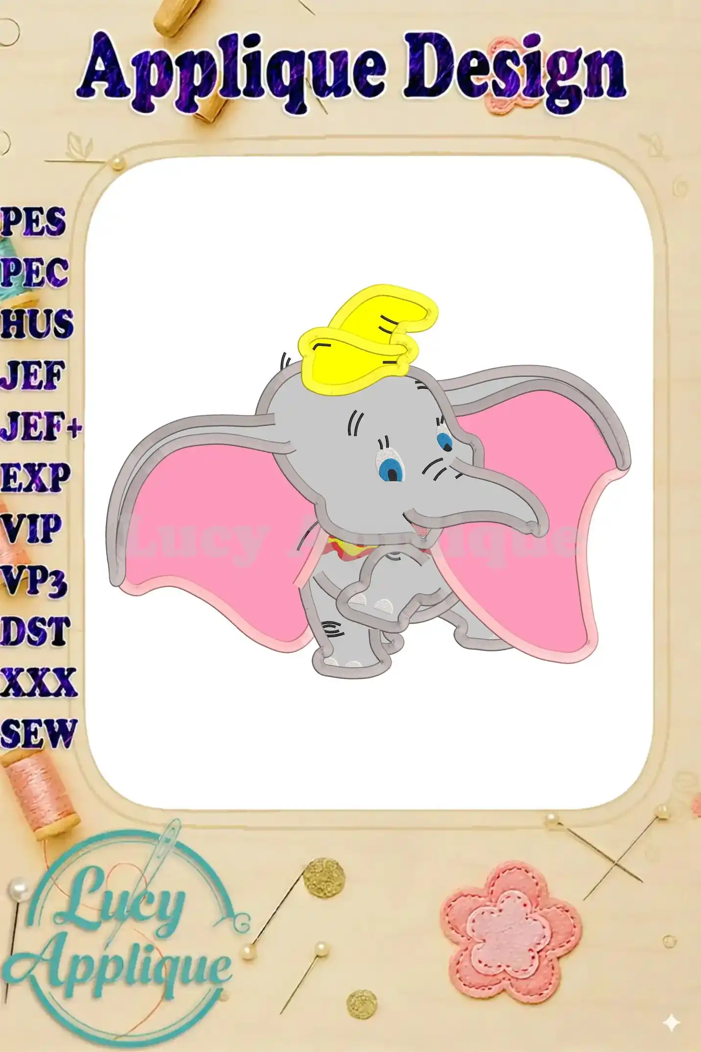 Embroidery design of Dumbo, the adorable Disney elephant, in applique style. It showcases Dumbo in a charming pose, ready to be stitched.