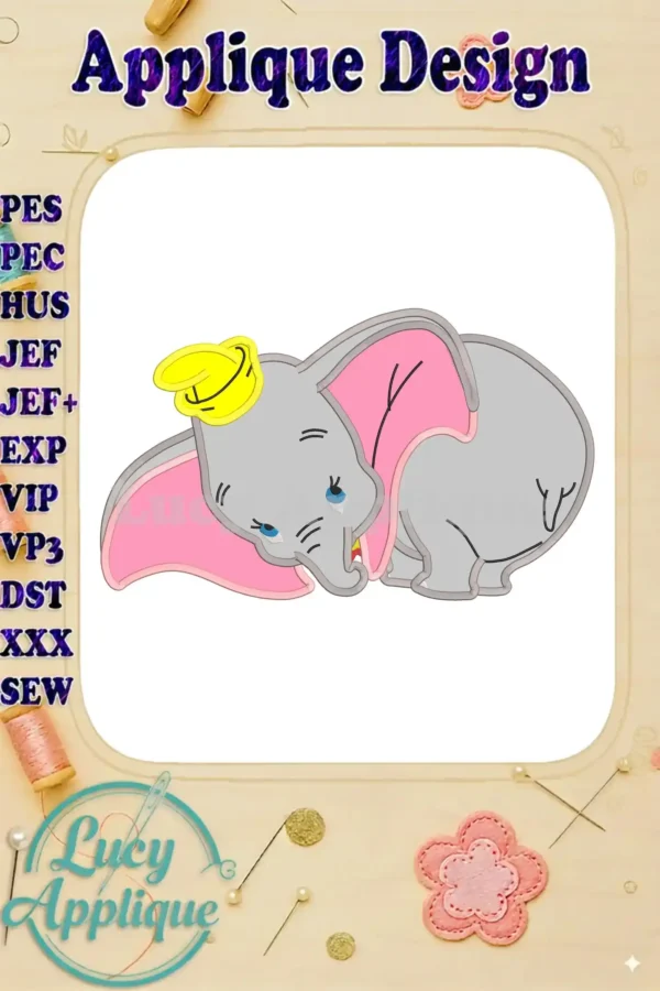 Embroidery design of Dumbo, the adorable Disney elephant, in a sweet pose. The design is ready to be stitched onto fabric. Perfect for creating personalized items.