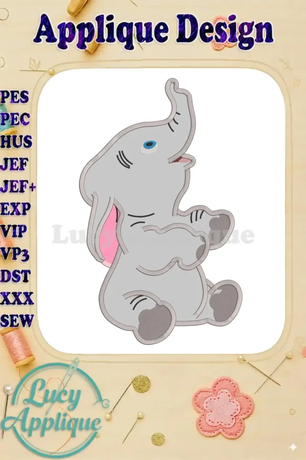 A charming Dumbo applique embroidery design, showcasing a cute elephant in a sitting position with pink accents. The design includes various stitch types for a detailed look.
