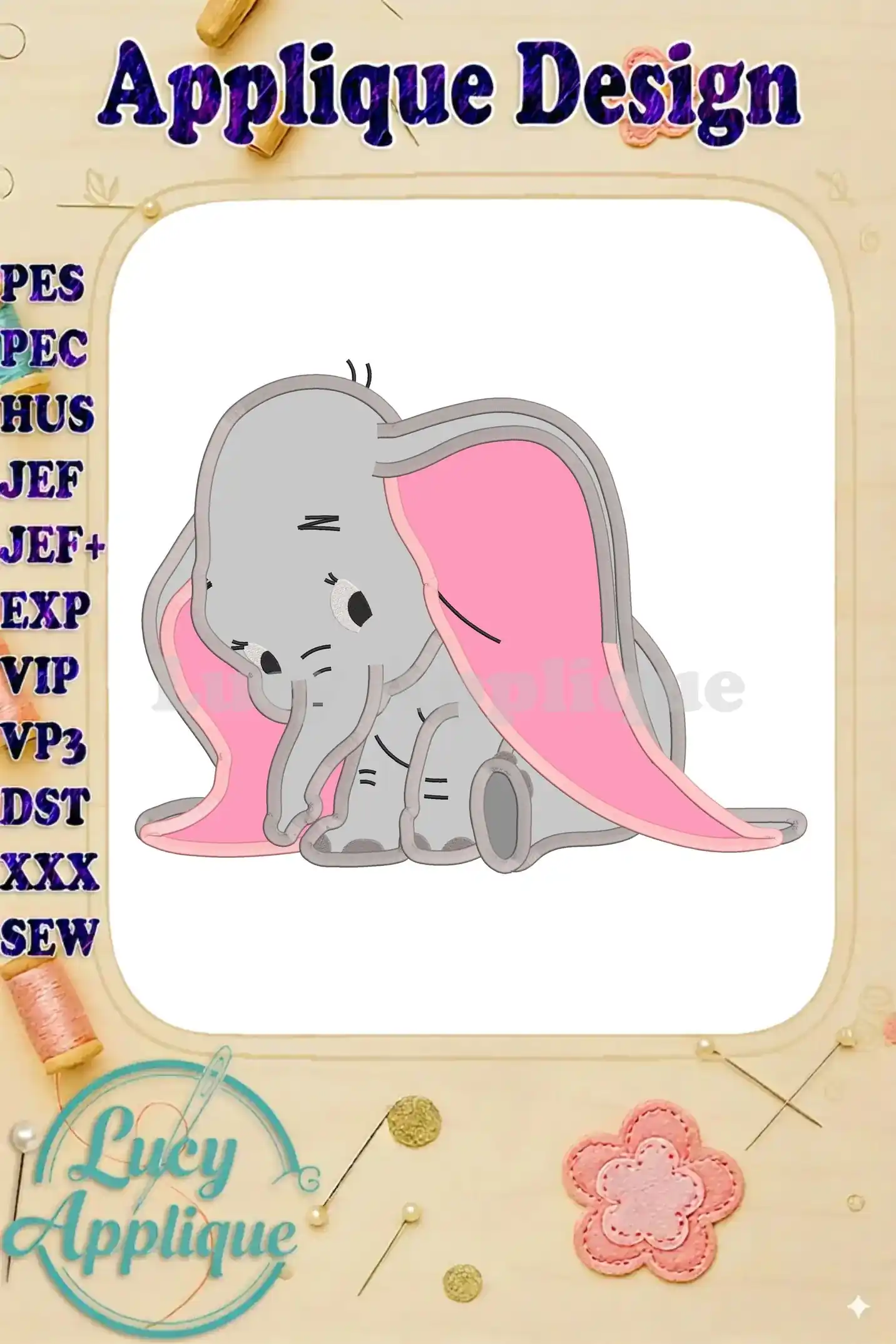 Embroidery design of Dumbo, the adorable elephant from Disney, in a sitting position with large pink ears. This applique design is available in multiple formats.