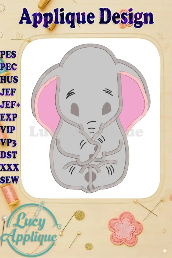 Embroidery design of Dumbo, the cute elephant from Disney, in applique style. The design is shown in various formats and includes color charts.