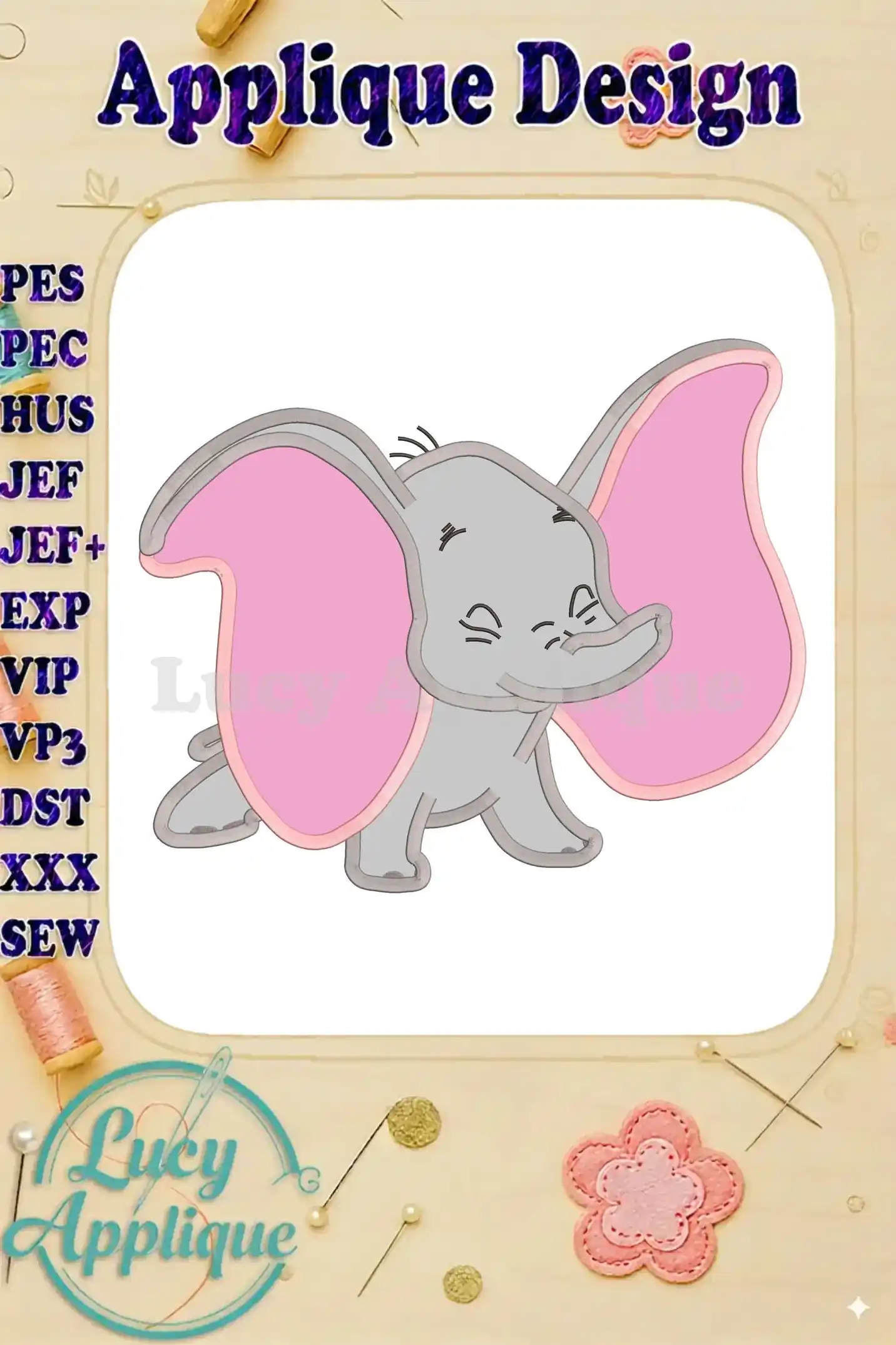 Dumbo applique embroidery design in pink and gray, showcasing a charming and detailed rendition of the beloved Disney character. Perfect for various sewing projects.