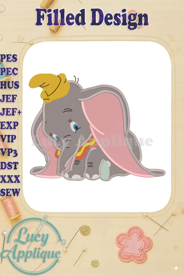 Embroidery design of Dumbo the elephant, showcasing a filled stitch style, perfect for adding to various projects like clothes or blankets.