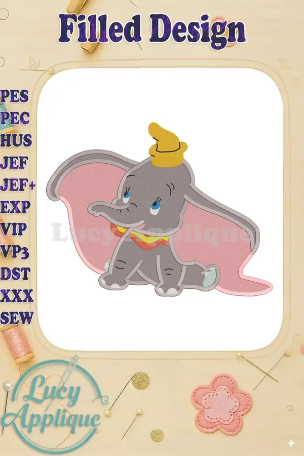 Embroidery design of Dumbo the elephant, showcasing a filled design style. The design features Dumbo in a playful pose with his signature oversized ears.