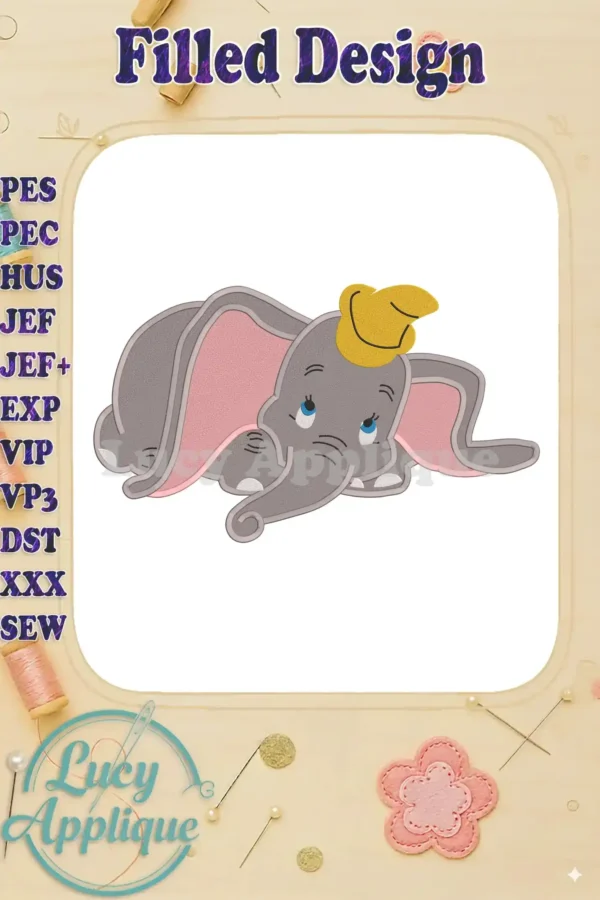 A charming filled embroidery design of Dumbo, the adorable Disney elephant, lying down. The design is presented on a white background within a decorative frame.