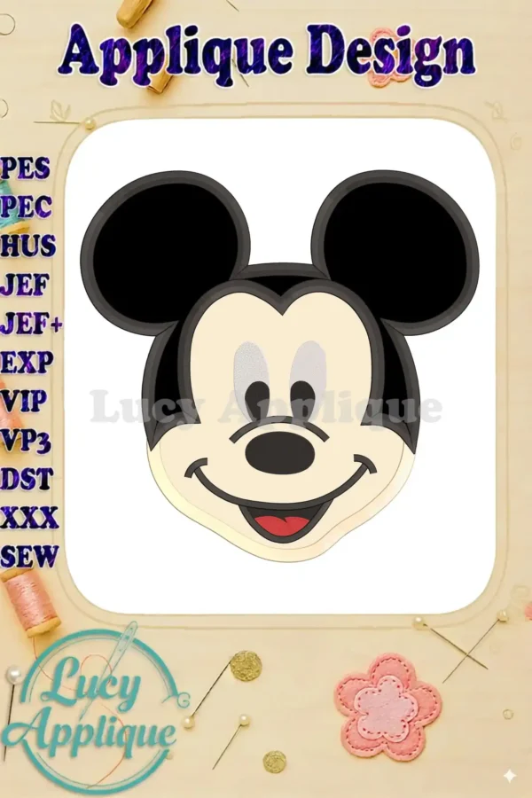 Main image showcasing a charming Mickey Mouse head applique embroidery design. The image features a detailed design with black ears, a tan face, and iconic features.