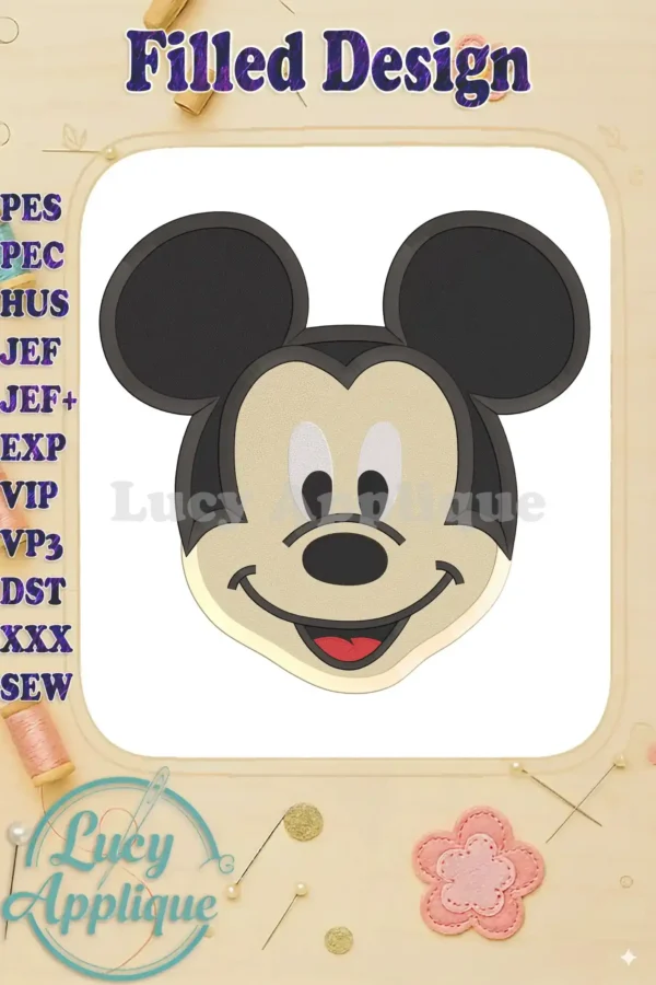 A charming filled Mickey Mouse head embroidery design, ready to be stitched. The design is shown on a white background, suitable for various projects.