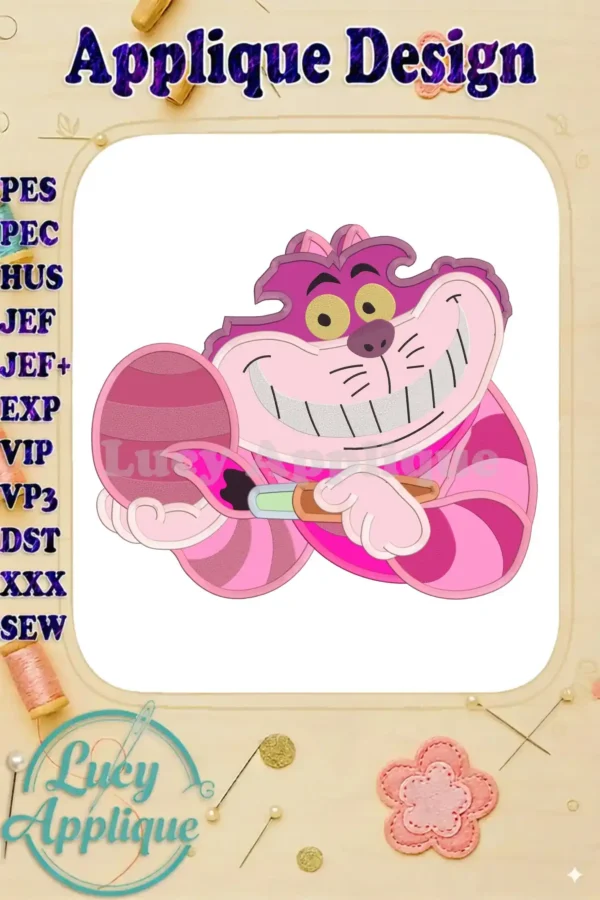 Embroidery design of the Cheshire Cat from Alice in Wonderland, holding a paintbrush, in pink and white, perfect for Easter projects.