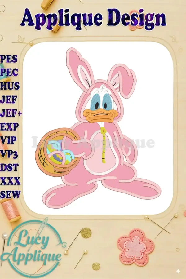 Easter Donald Duck dressed as a pink bunny, holding an Easter basket. Applique design with detailed stitching, suitable for embroidery machines.