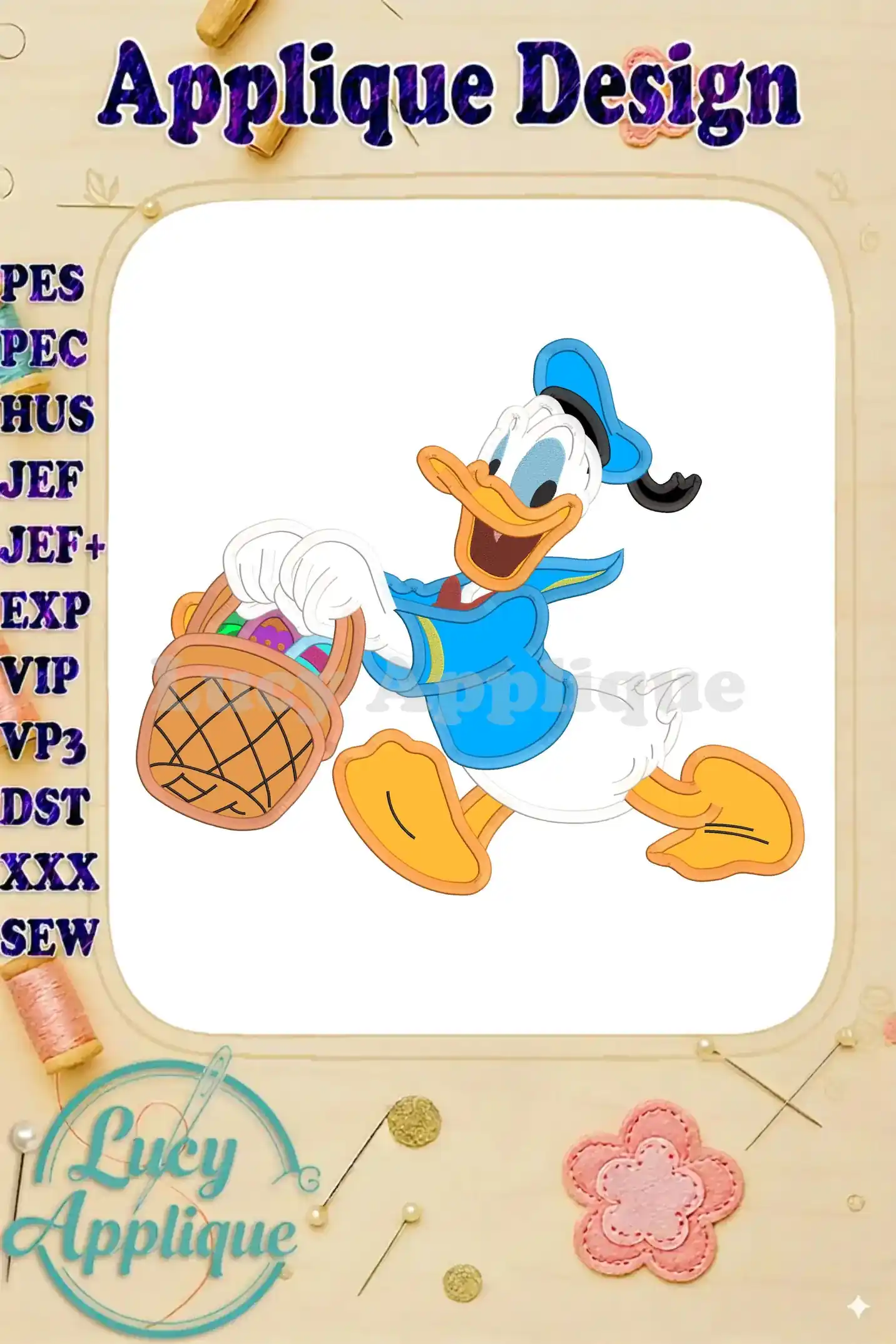 Embroidery design of Donald Duck in a sailor outfit carrying an Easter basket. Perfect for Easter projects and Disney fans. Includes various file formats.