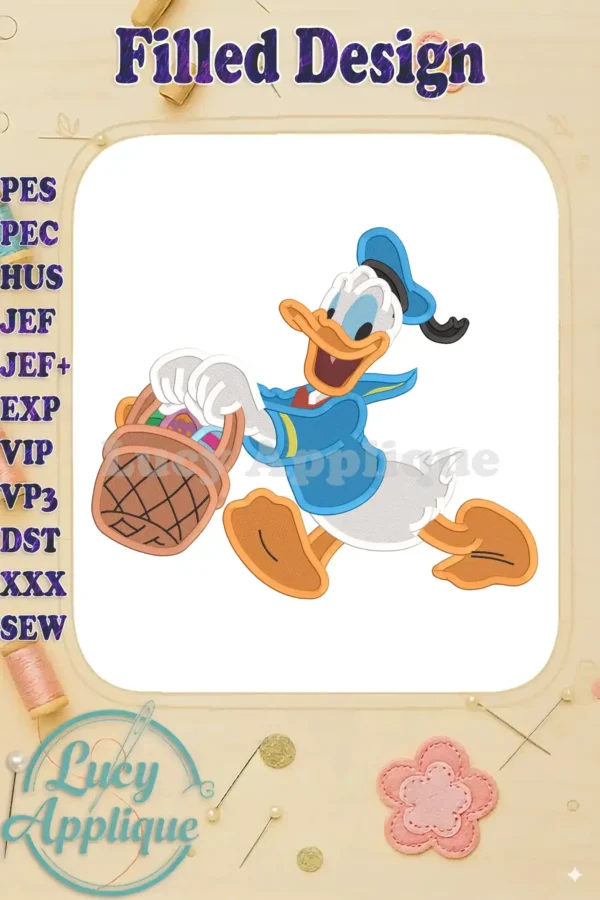 Embroidery design of Donald Duck carrying an Easter basket, filled stitch style. Perfect for Easter projects, featuring vibrant colors and detailed design.